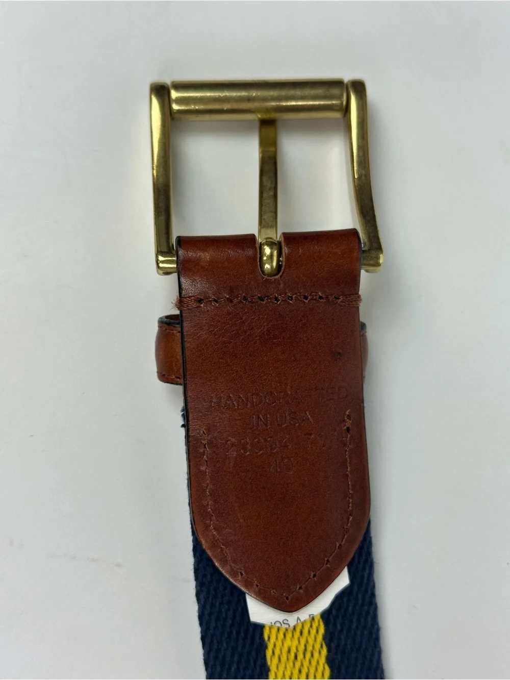 Men's Navy & Yellow Striped Belt with Brown Leather Trim
